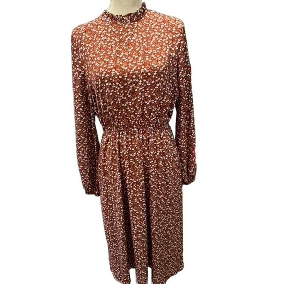 Brown sheer ,Prairie‎ dress w/ white flowers, Bishop Sleeve, Fall ,Thanksgiving - Picture 2 of 9